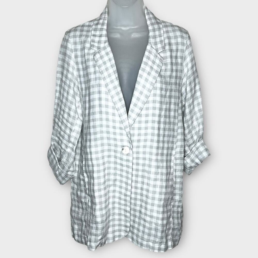 CYNTHIA ROWLEY 100% linen tan & white gingham check long line blazer size medium - Picture 2 of 6